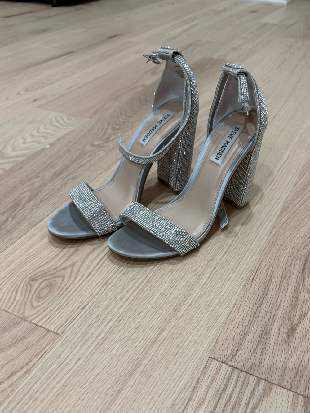 Steve Madden Crystal Embellished Silver Block Heel Sandals